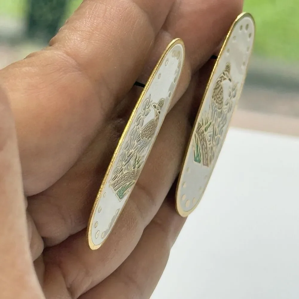 Genuine Cloisonné Oblong Lightweight Metal Floral Bird Stud Earrings New